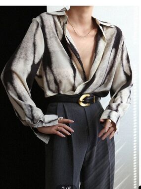 Commense Abstract Black and Cream Satin Button-Up Blouse